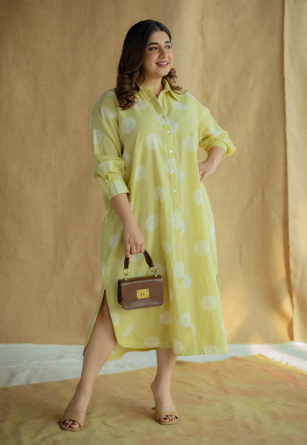 Samiyah Lime Green Hand Block Print Slub Cotton Shirt Dress