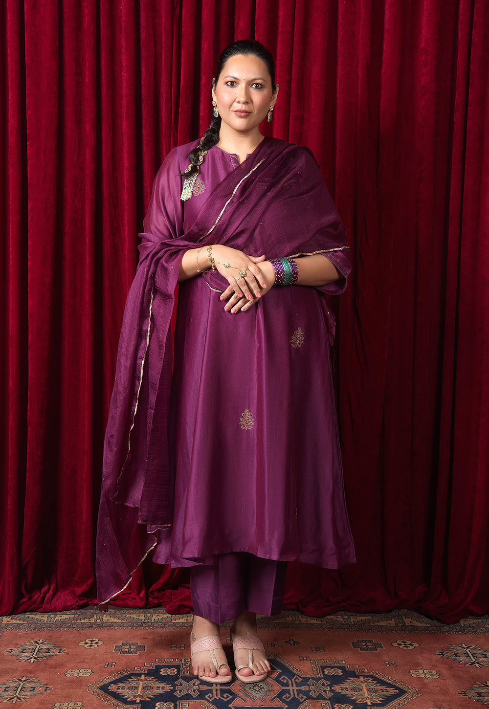 Purple Solid Kota Doria Silk Dupatta with Mukaish Embroidery