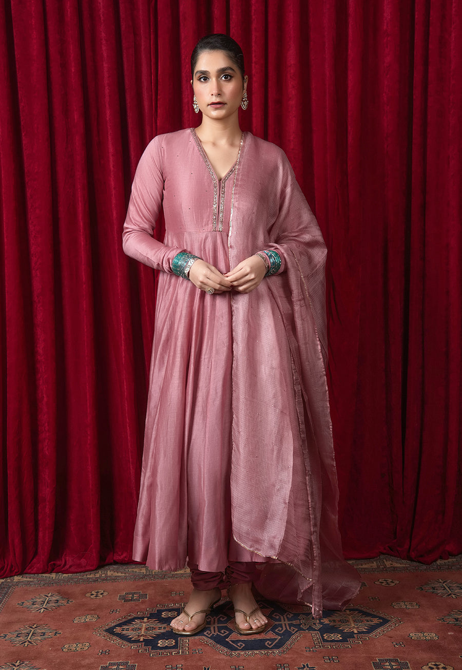 Husna Pink Solid Chanderi Silk Kali Kurta with Hand Embroidery