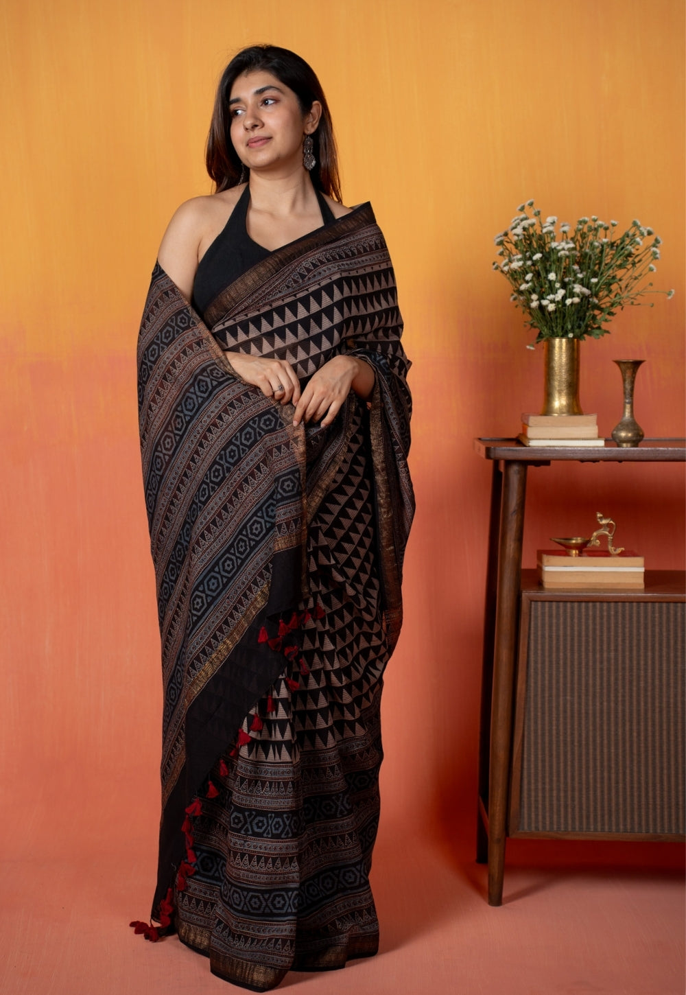 Black Tribal Ajrakh Hand Block Print Maheshwari Saree