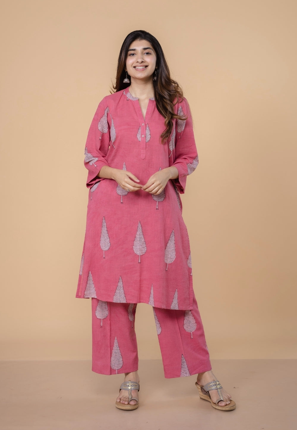 Nysa Pink Dabu Slub Cotton Straight Co-Ord Set