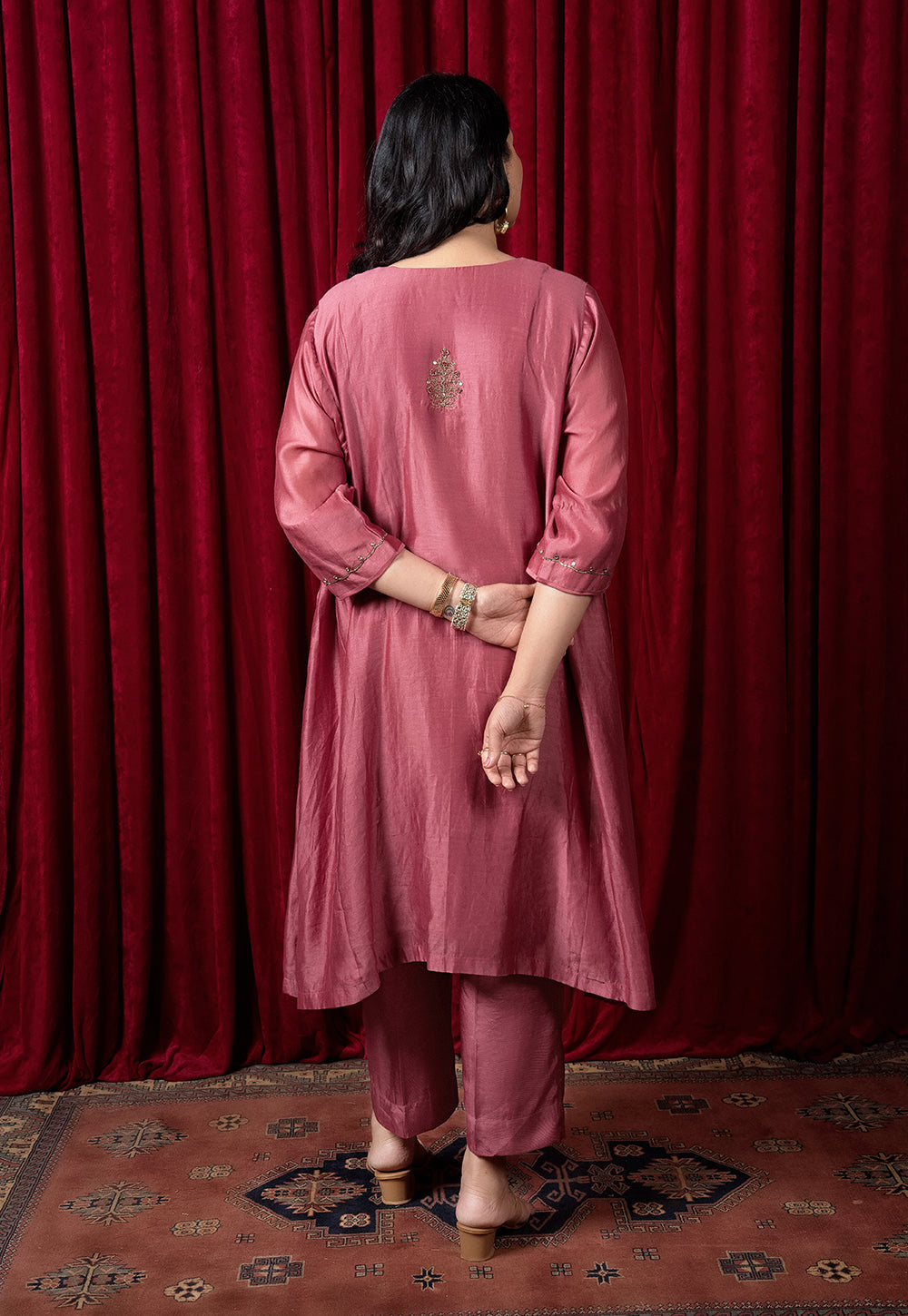 Nyra Red Solid Chanderi Silk Jhabbha Kali Kurta with Hand Embroidery