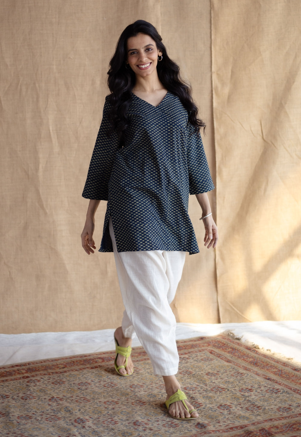 Sahar Indigo Ajrakh Cotton Straight Short Top