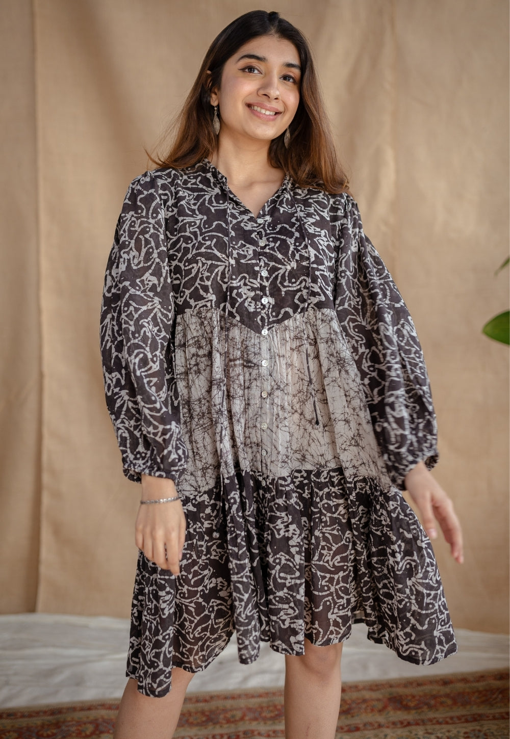 Yuvani Charcoal Batik MulMul Cotton Loose Dress with Slip