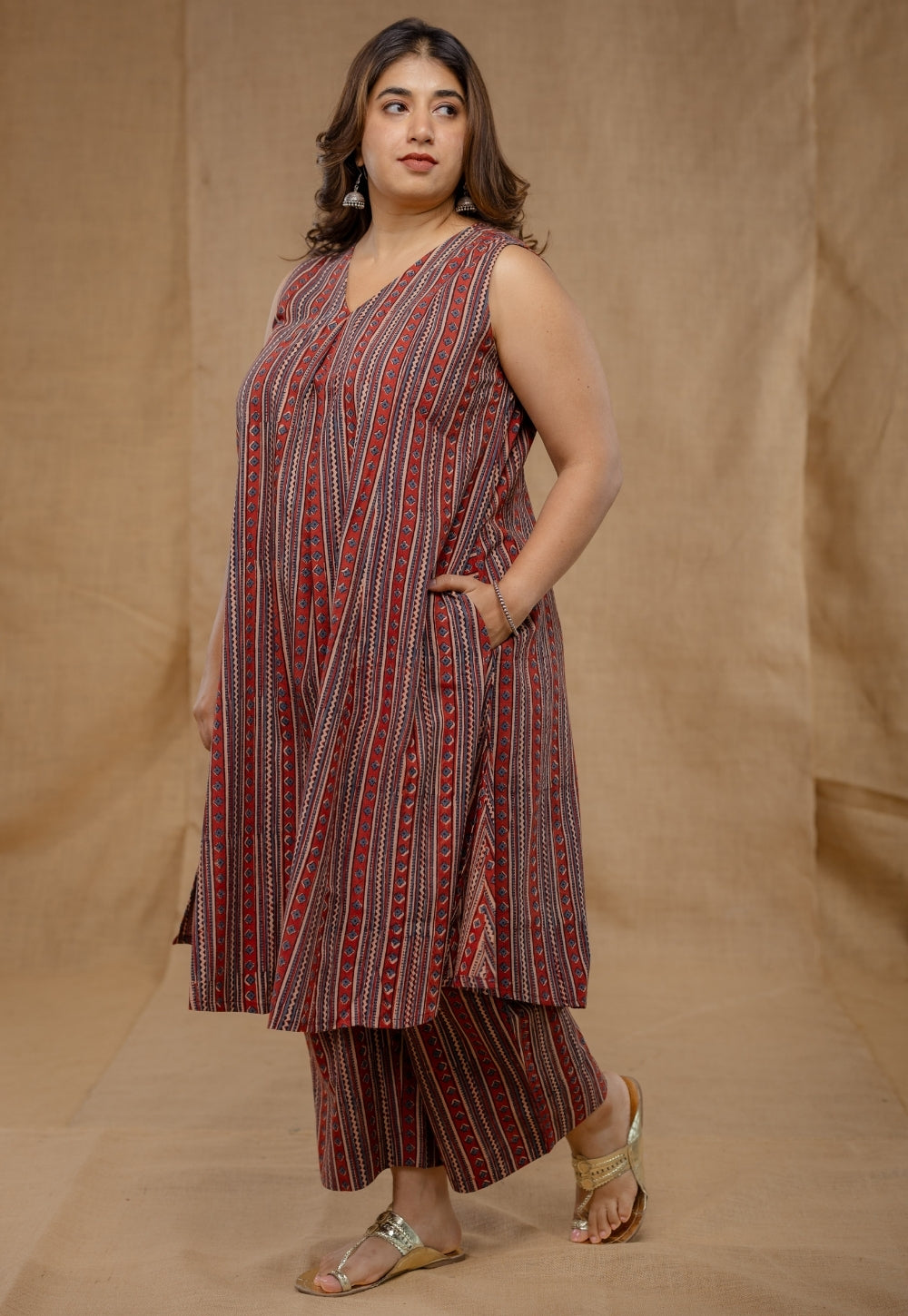 Raahi Red Ajrakh Cotton A Line Co-Ord Set
