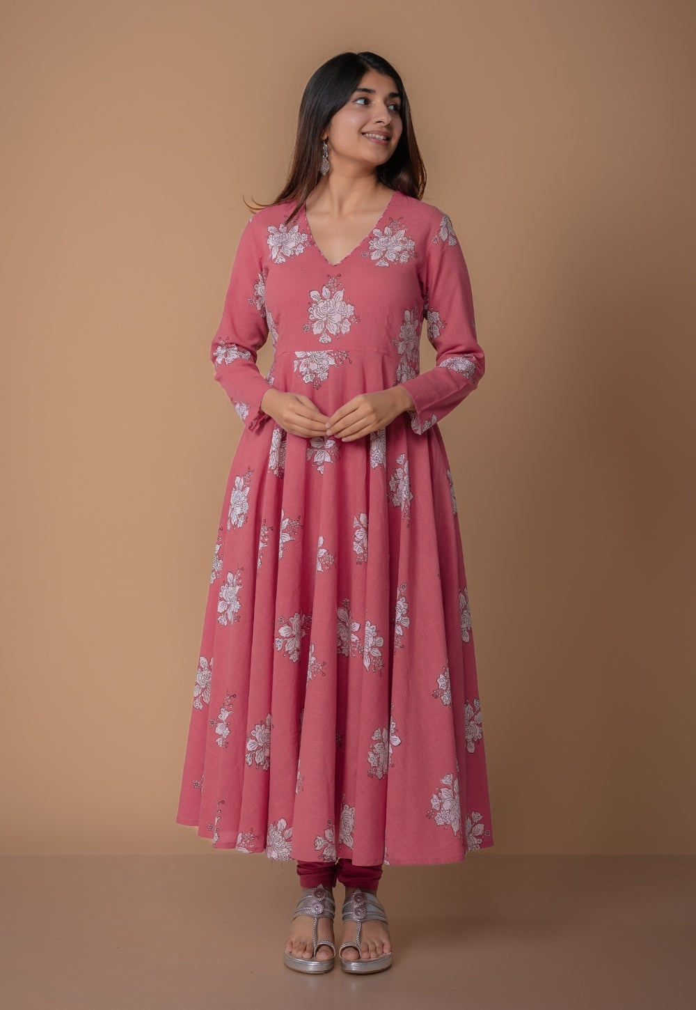Ruvika Pink Dabu Slub Cotton A Line Kurta