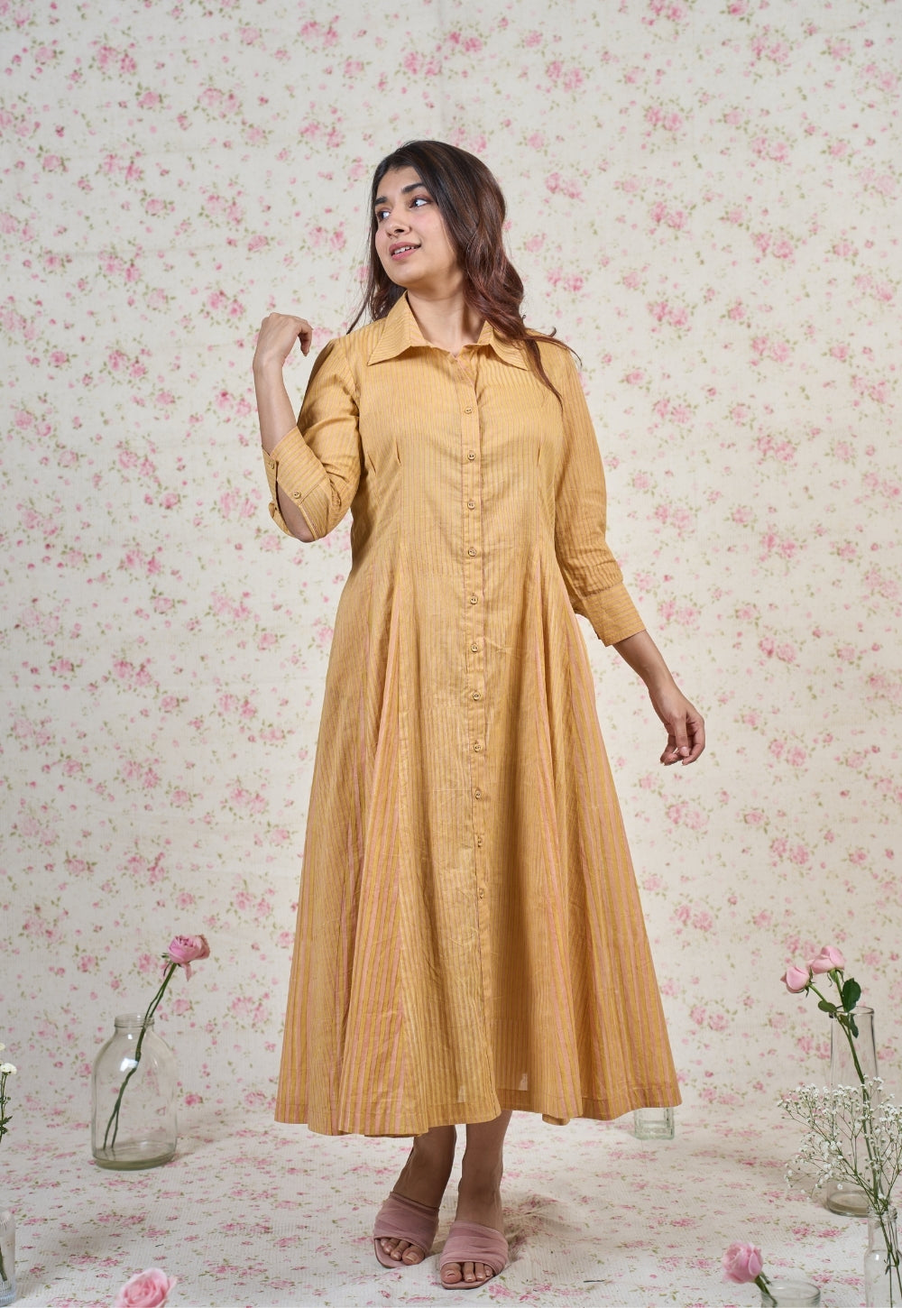 Claire Yellow Sanganeri Mul Cotton A Line Dress