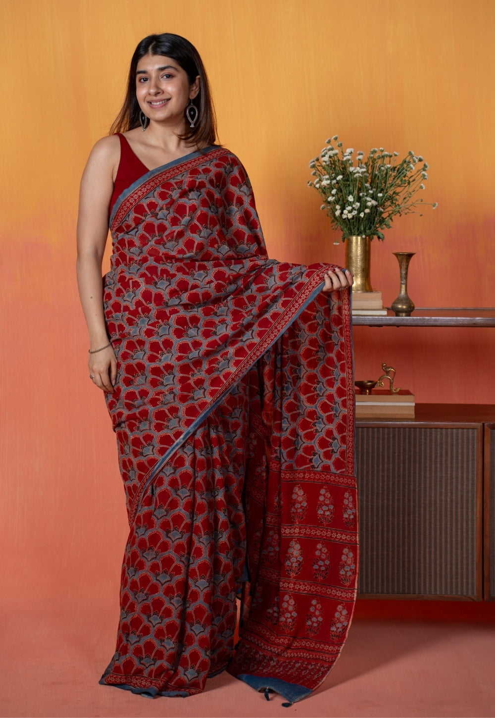 Red Clamshell Ajrakh Hand Block Print Mul Saree