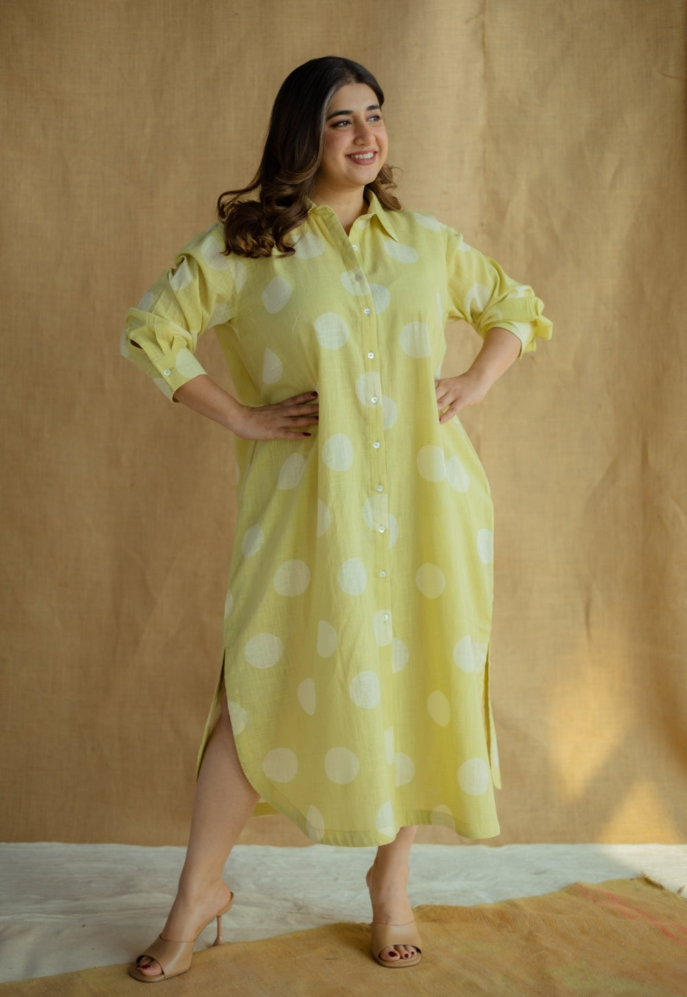 Samiyah Lime Green Hand Block Print Slub Cotton Shirt Dress