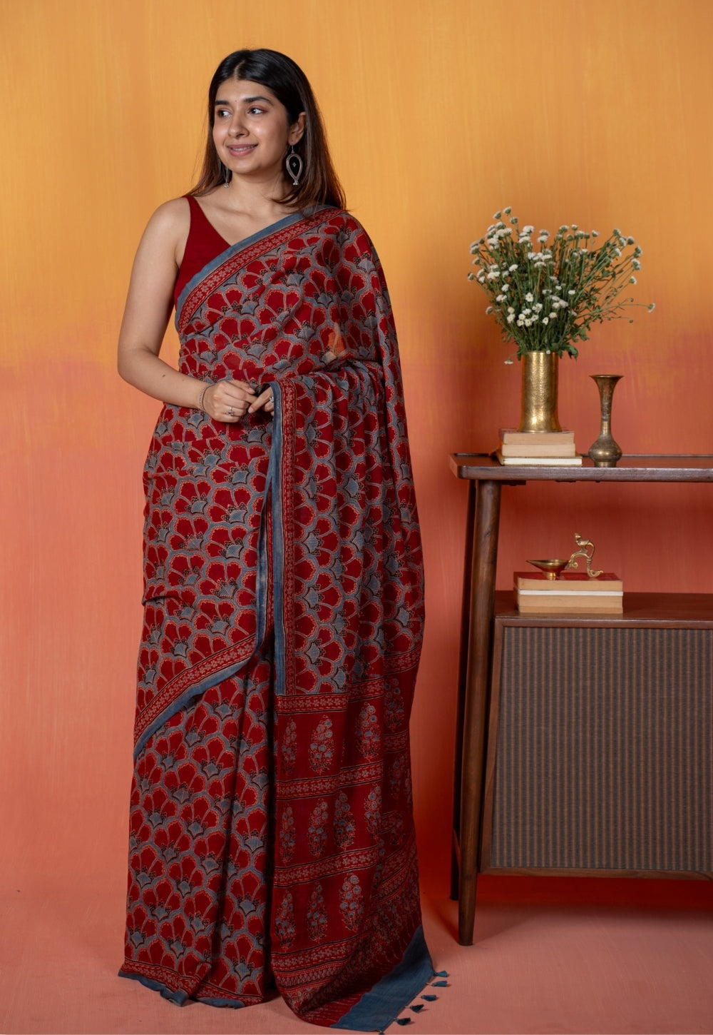 Red Clamshell Ajrakh Hand Block Print Mul Saree