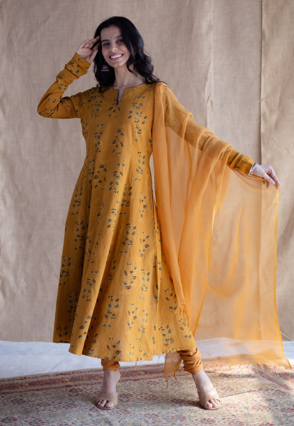 Trisha Mustard Ajrakh Cotton Jhabbha Kali Suit Set (Set of 3)