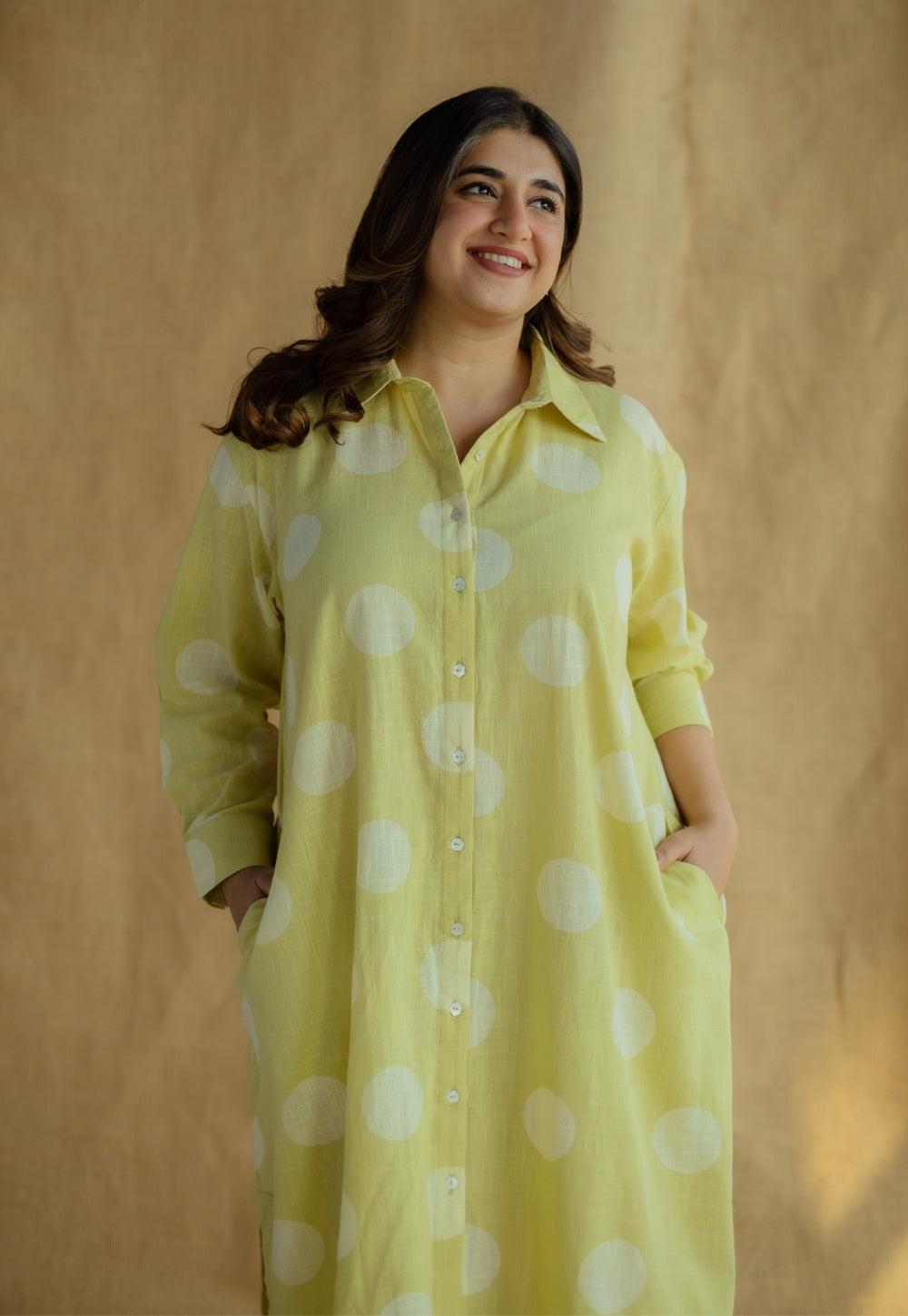 Samiyah Lime Green Hand Block Print Slub Cotton Shirt Dress