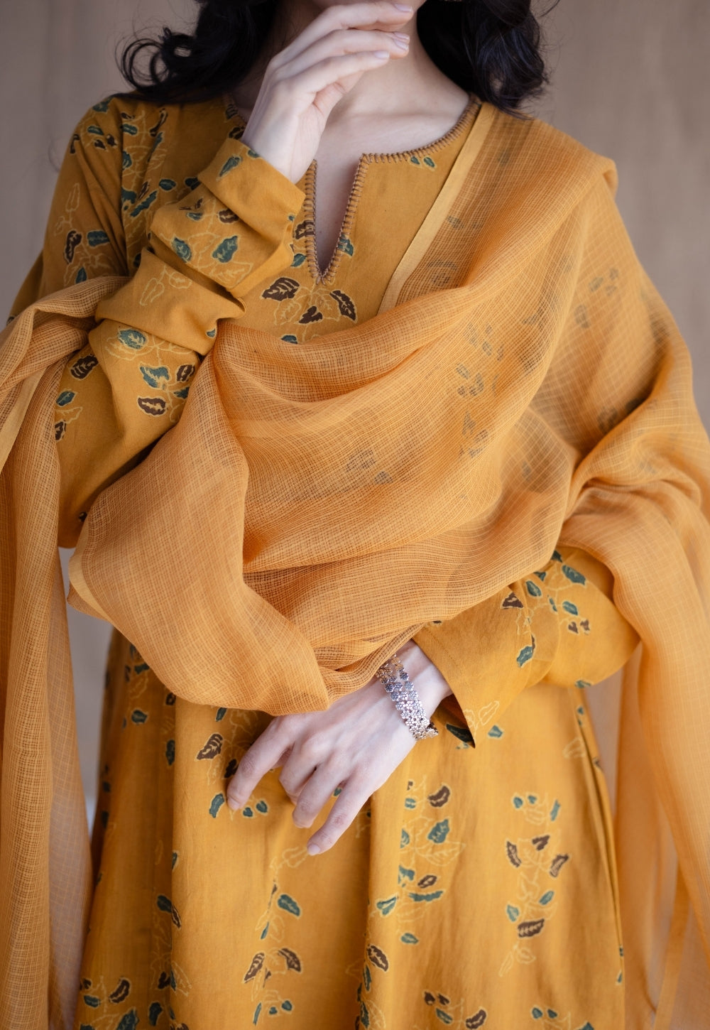 Trisha Mustard Ajrakh Cotton Jhabbha Kali Suit Set (Set of 3)