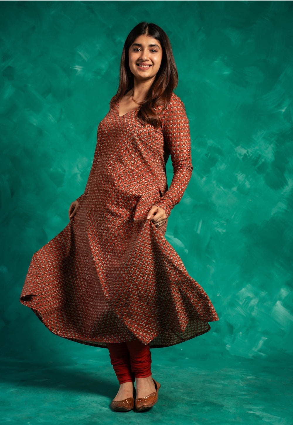Huma Red Bagru Cotton Kali Kurta