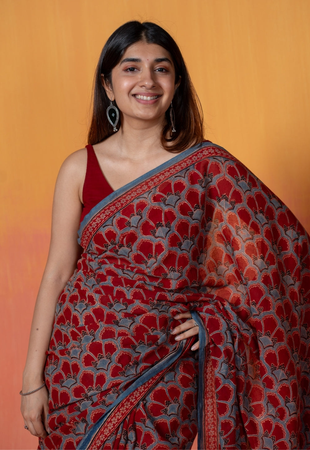 Red Clamshell Ajrakh Hand Block Print Mul Saree