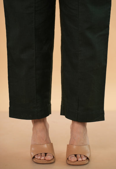 Myra Green Solid Slub Cotton Straight Pant