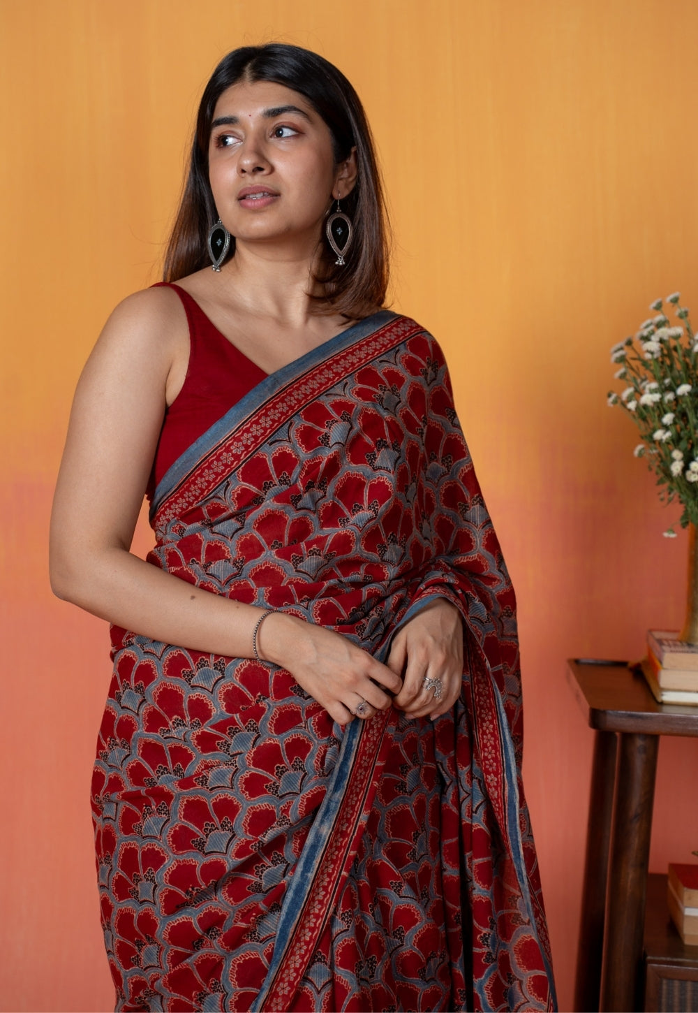 Red Clamshell Ajrakh Hand Block Print Mul Saree