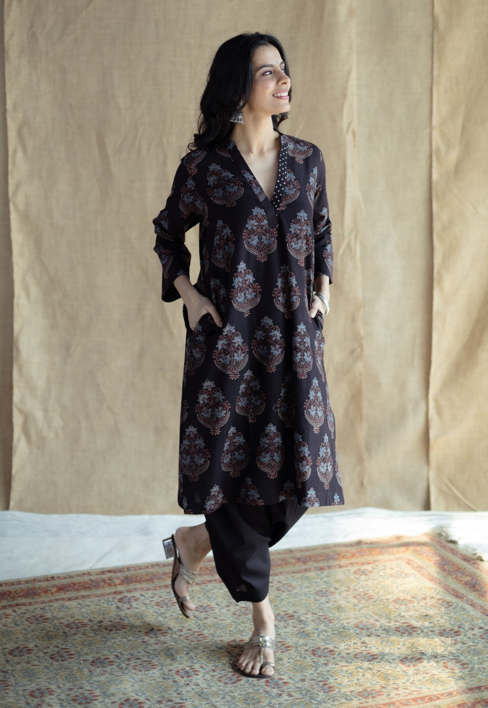 Maya Black Ajrakh Cotton Straight Kurta