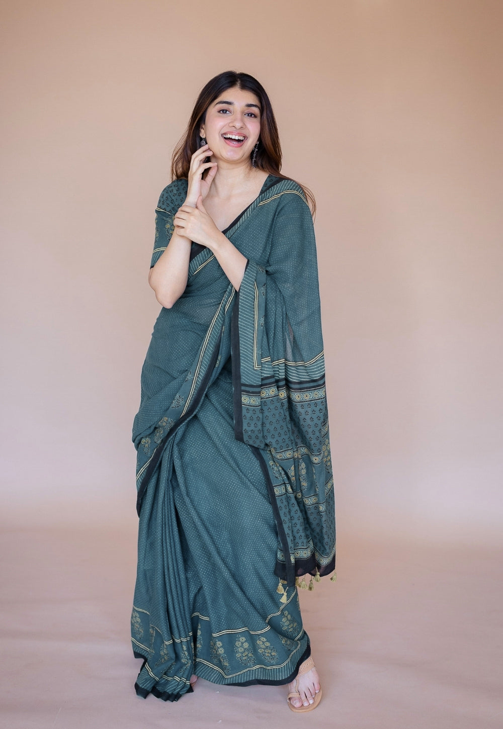 Green Floral Ajrakh Hand Block Print Mul Saree