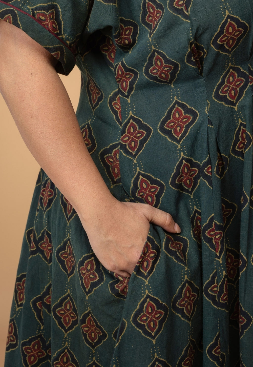 Reema Green Dabu Slub Cotton A Line Dress