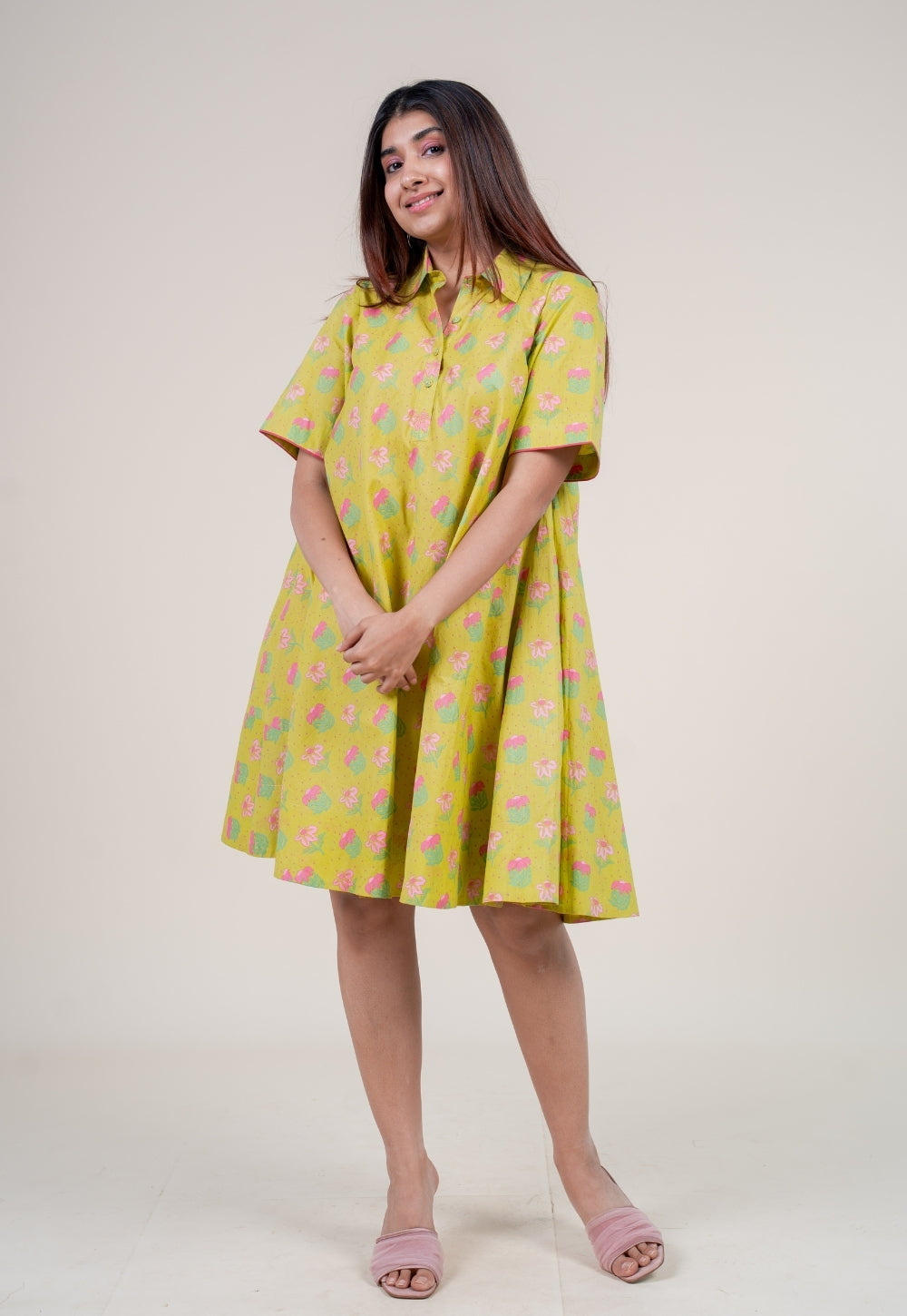 Srisha Lime Green Printed Cotton A Line Dress