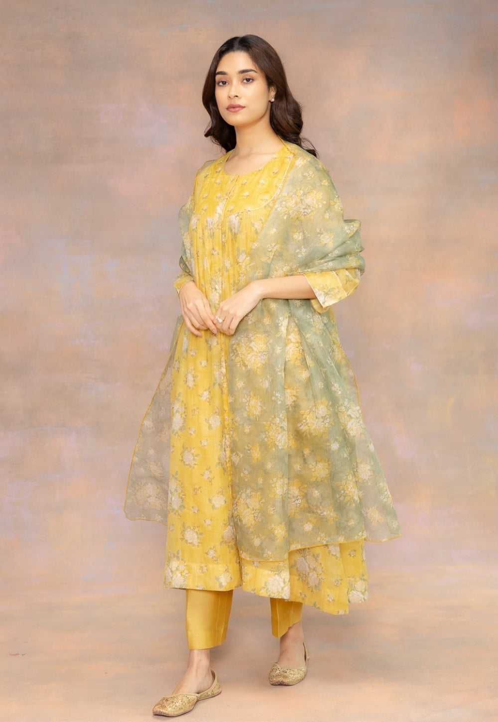 Rosa Yellow Sanganeri Chanderi Silk A Line Kurta with Hand Embroidery and Slip