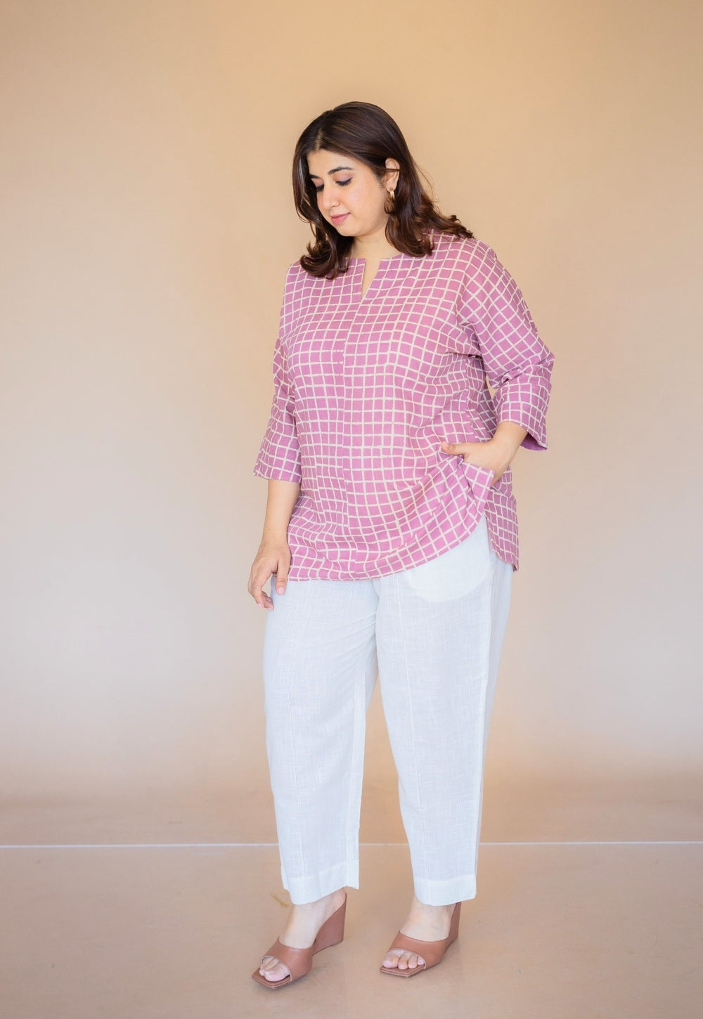 Lyla Pink Hand Block Print Slub Cotton Straight Short Top