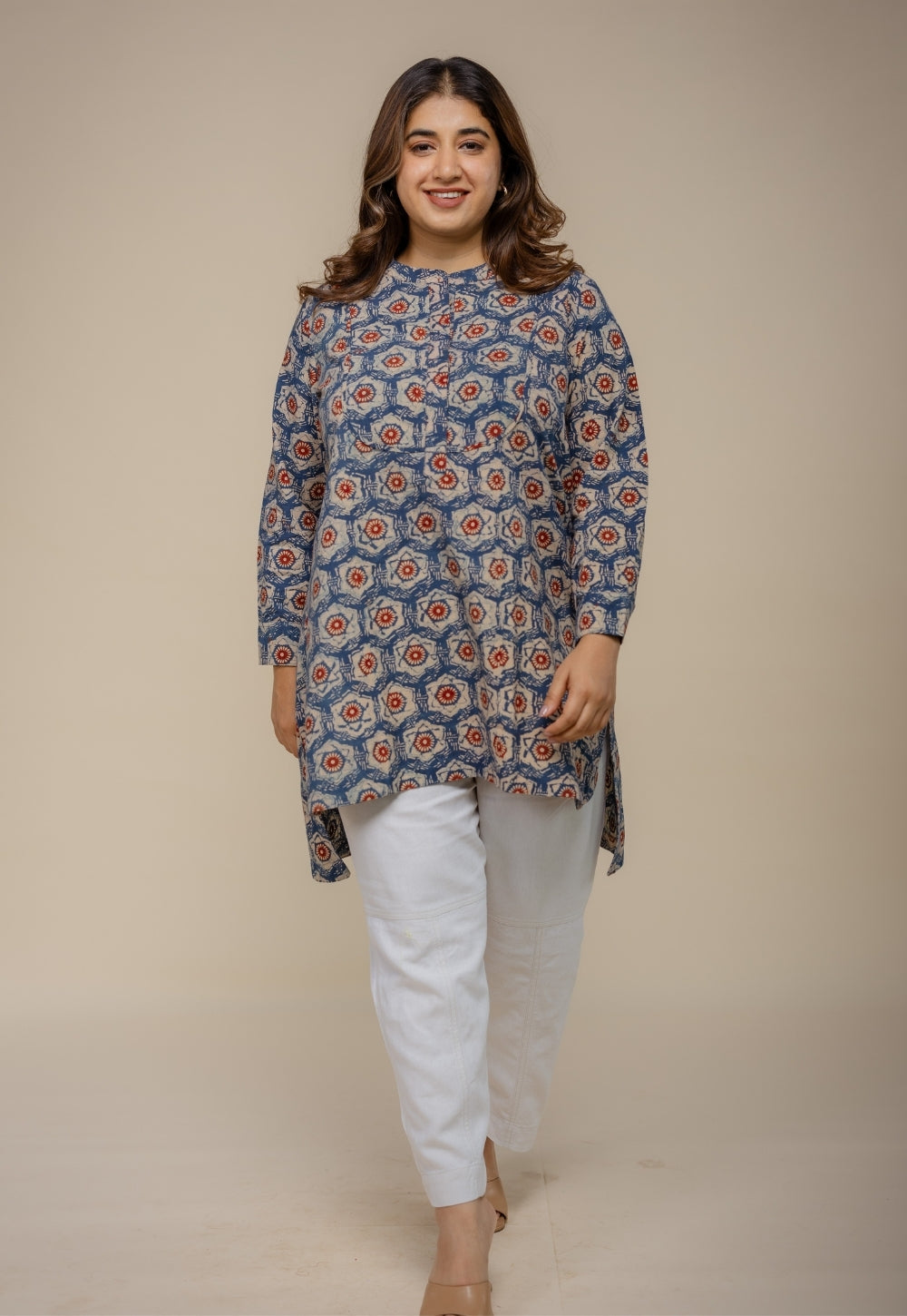 Naaz Blue Ajrakh Cotton A Line Short Top