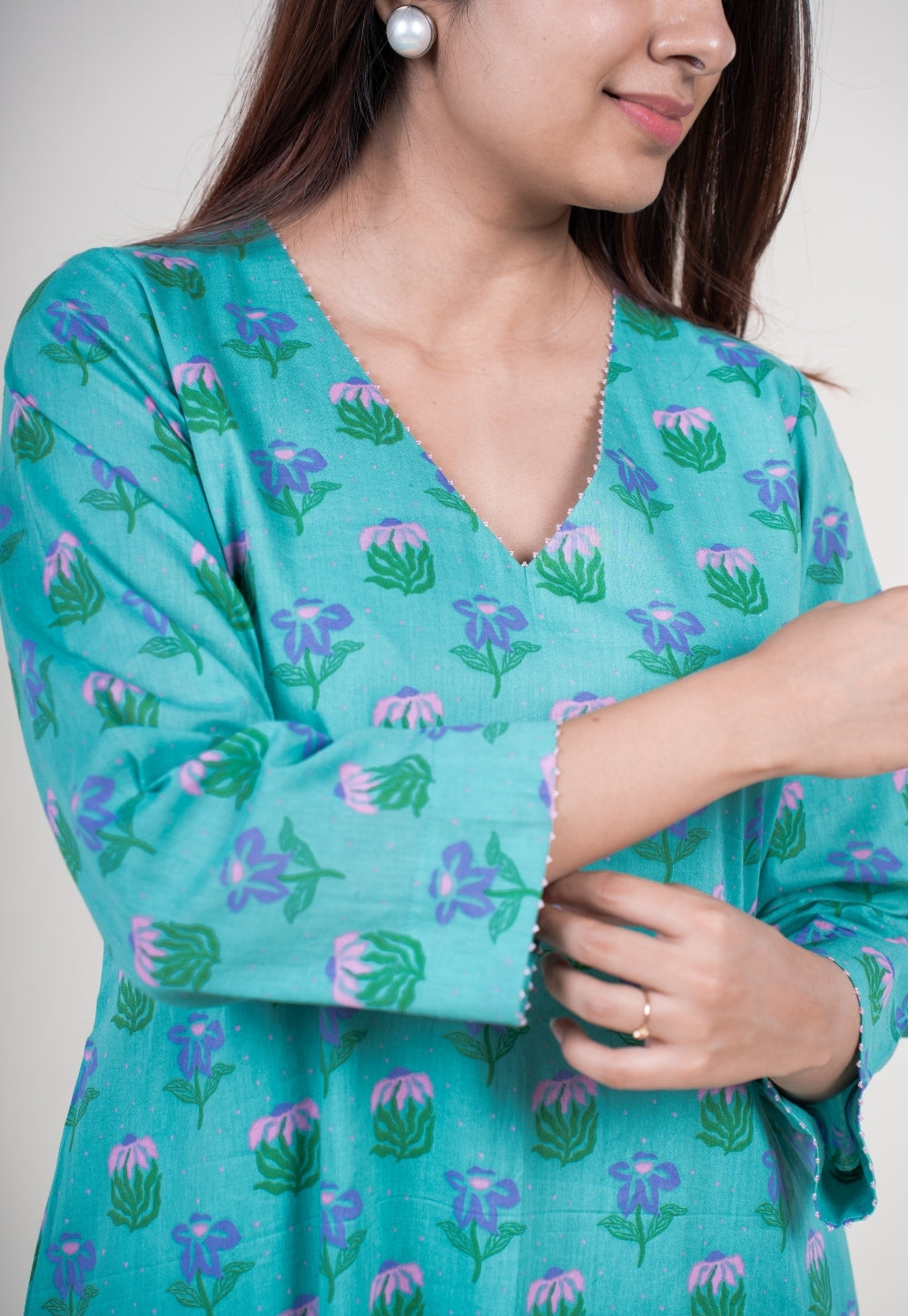 Neel Teal Blue Printed Mul A Line Kurta with Hand Embroidery