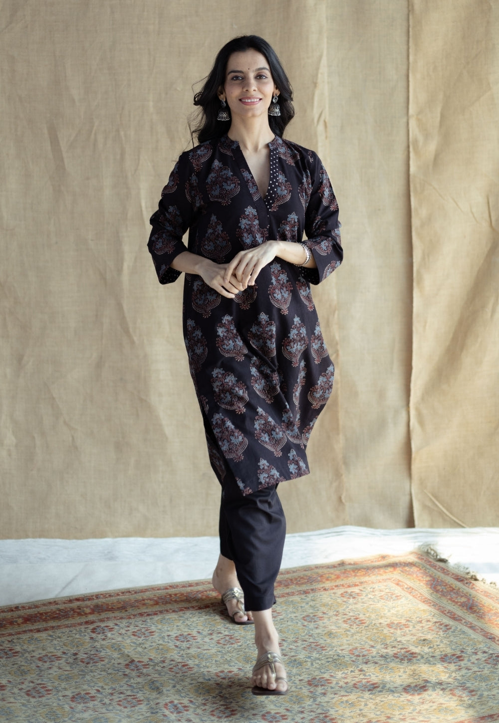 Maya Black Ajrakh Cotton Straight Kurta