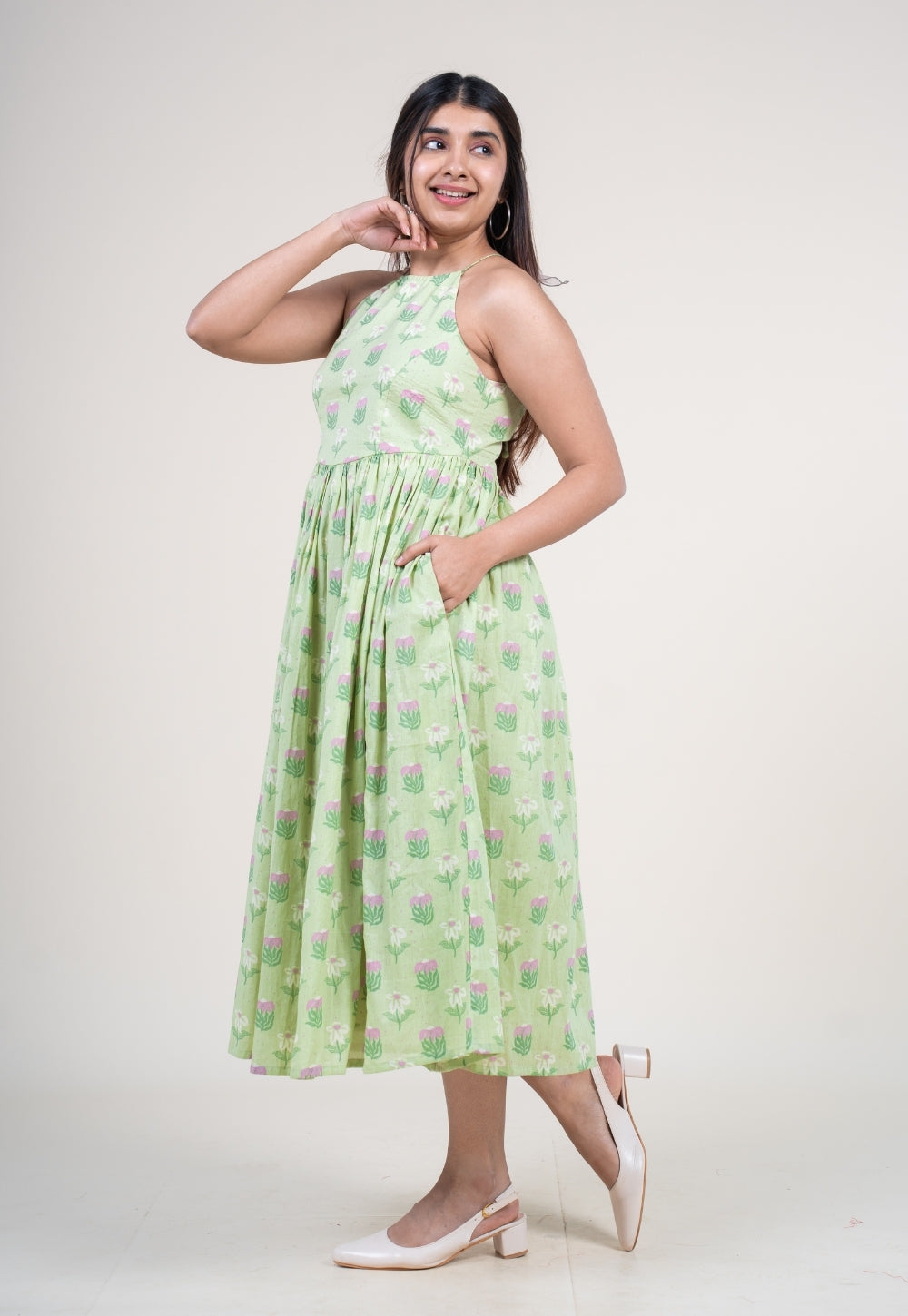 Zinal Mint Green Printed Mul A Line Dress