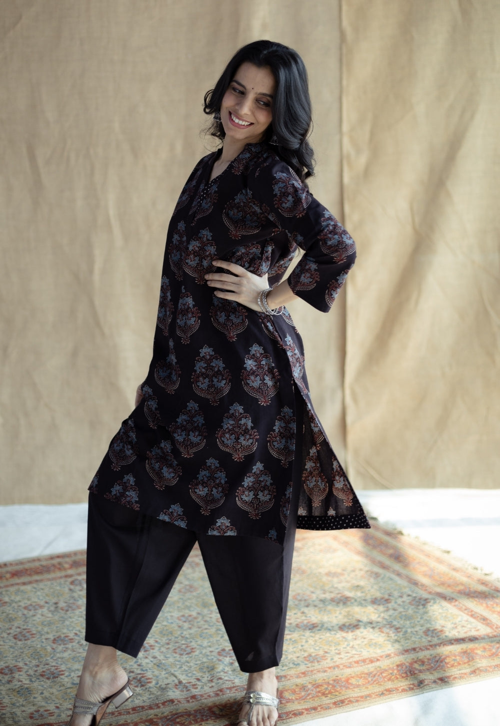 Maya Black Ajrakh Cotton Straight Kurta