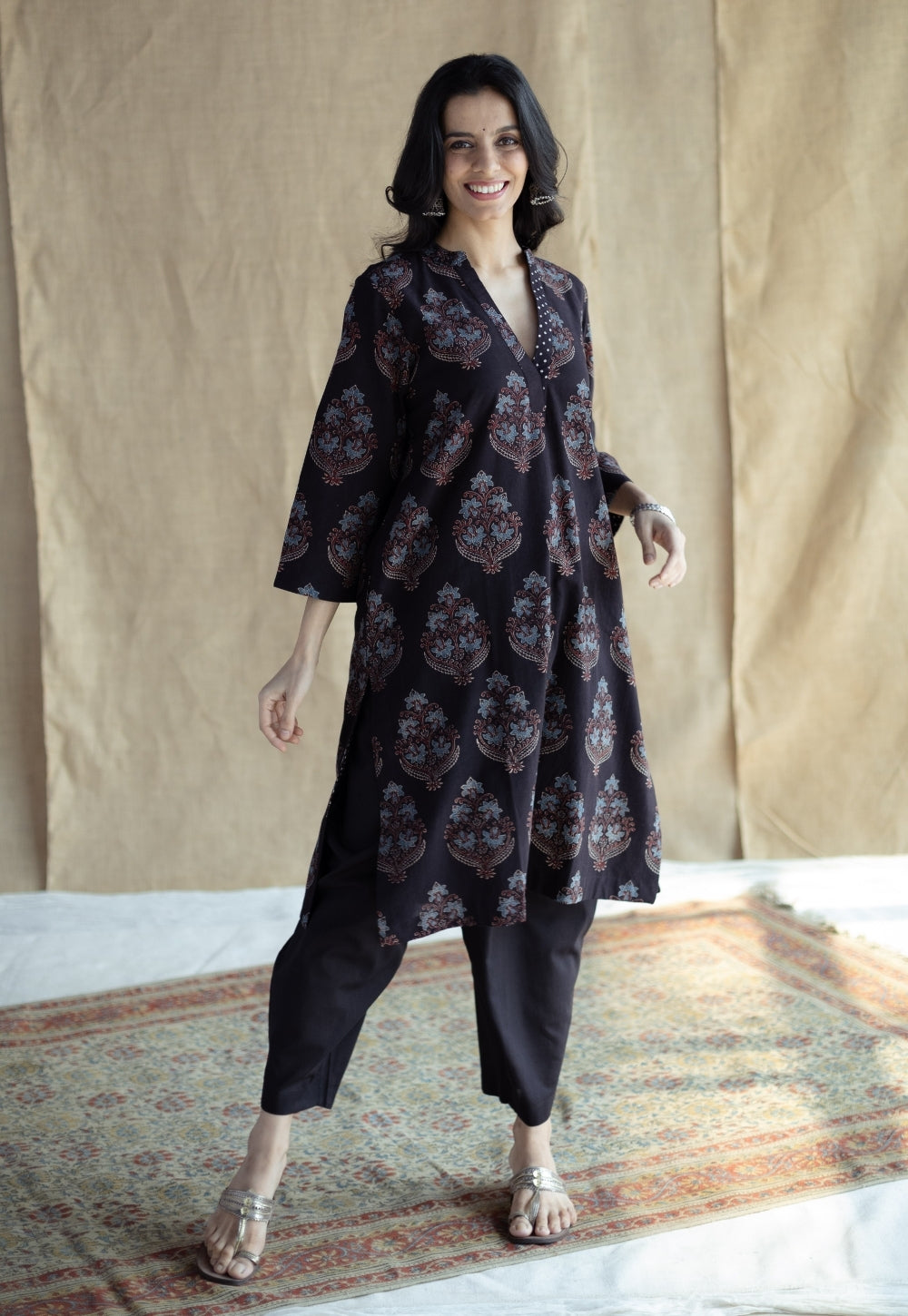 Maya Black Ajrakh Cotton Straight Kurta
