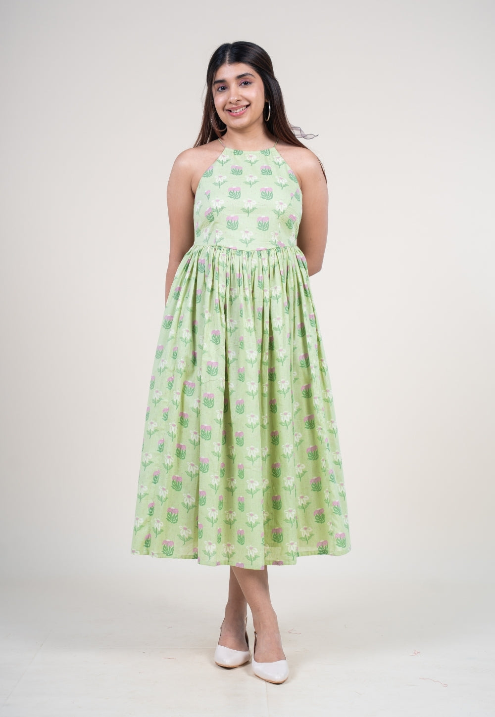 Zinal Mint Green Printed Mul A Line Dress