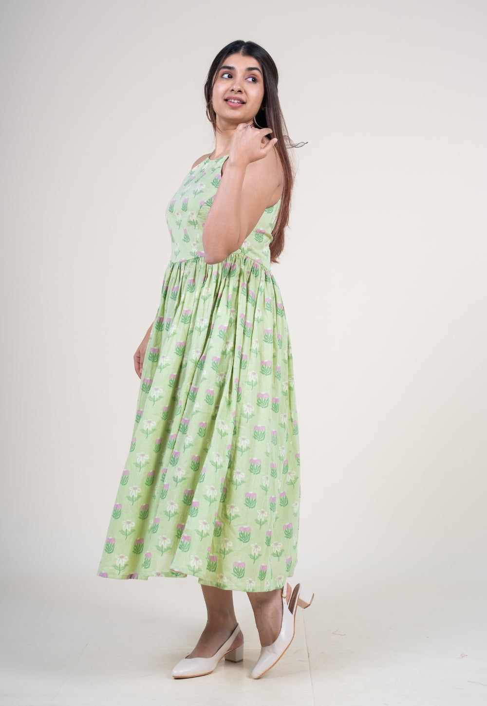 Zinal Mint Green Printed Mul A Line Dress