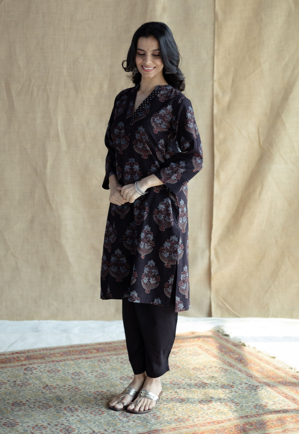 Maya Black Ajrakh Cotton Straight Kurta