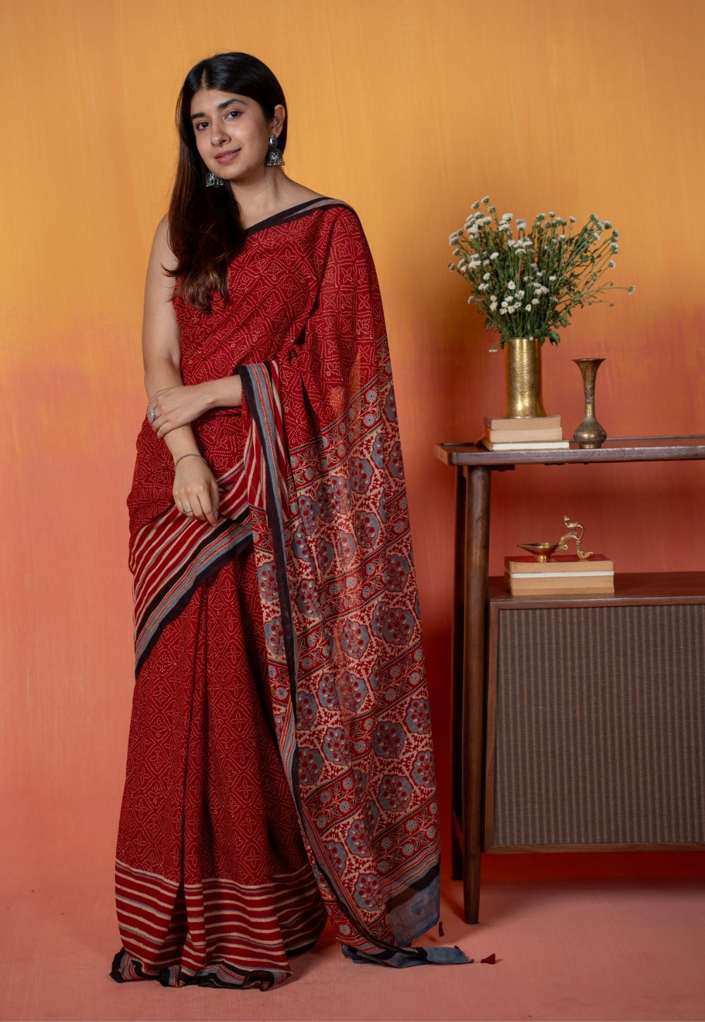 Red Stripe Ajrakh Hand Block Print Mul Saree