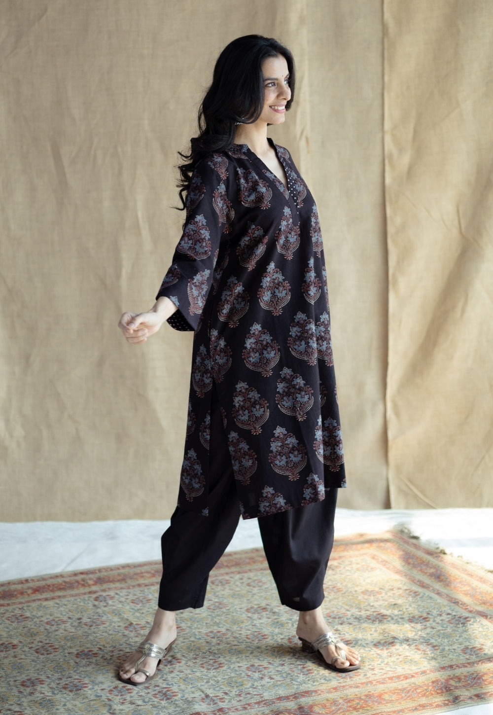 Maya Black Ajrakh Cotton Straight Kurta