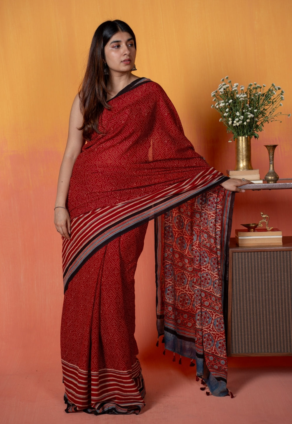 Red Stripe Ajrakh Hand Block Print Mul Saree