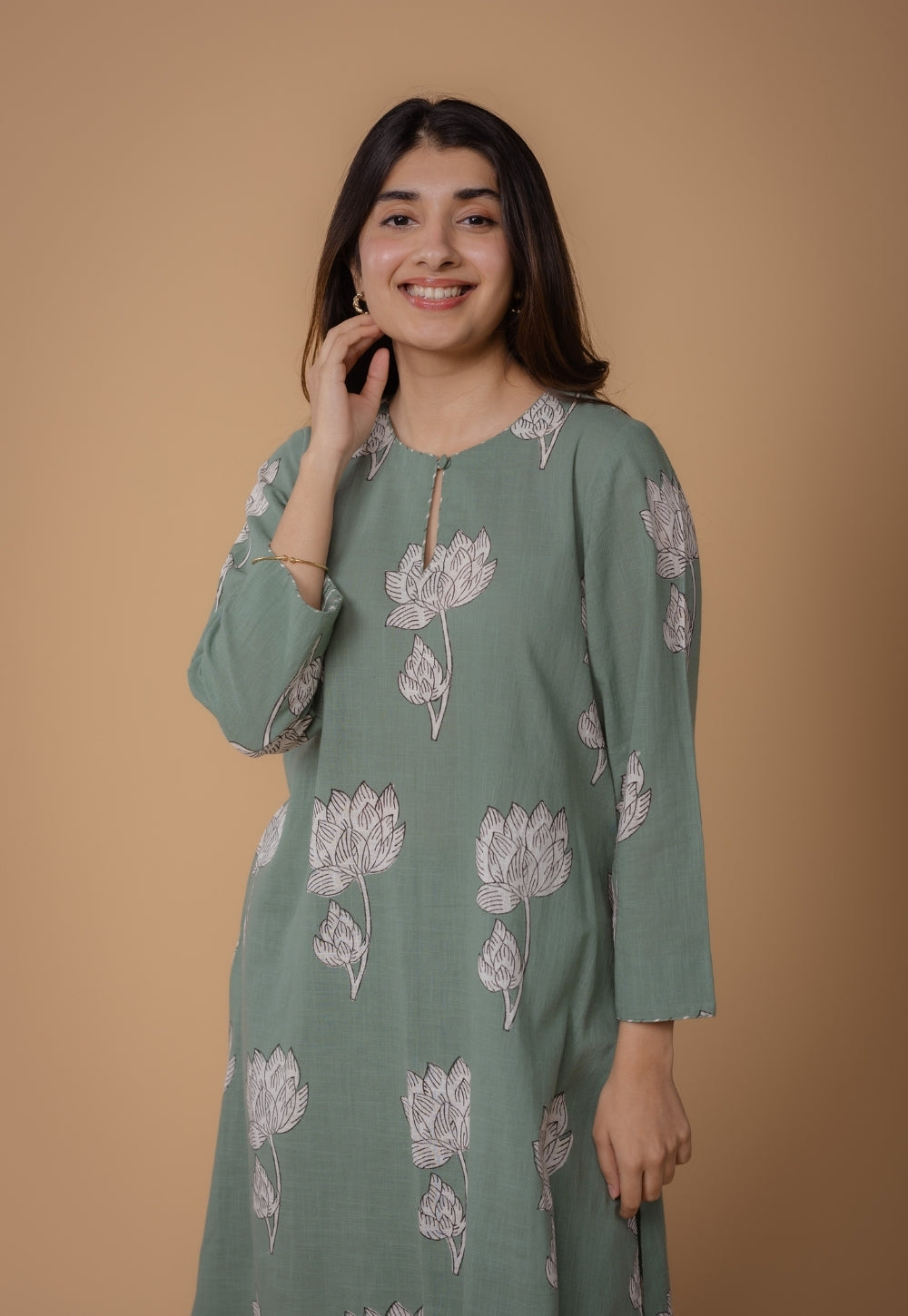Zoohi Green Dabu Slub Cotton A Line Kurta