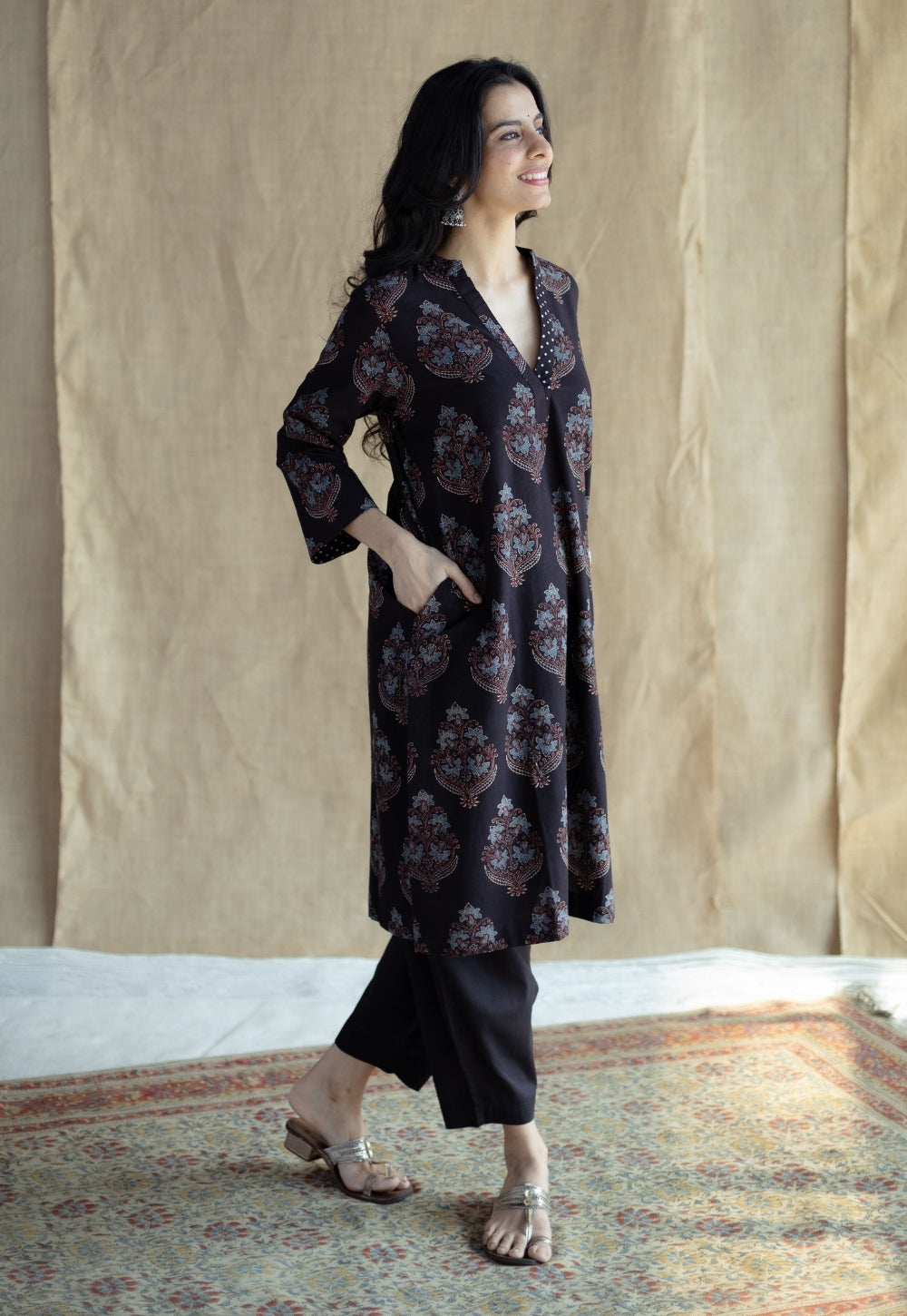 Maya Black Ajrakh Cotton Straight Kurta