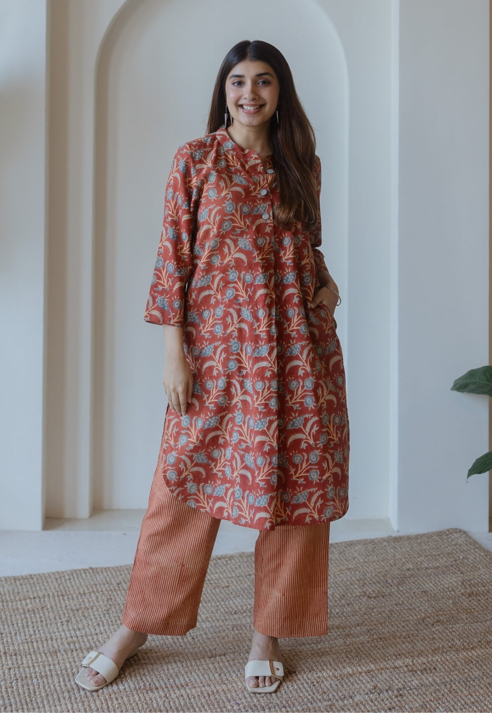 Aiza Red Ajrakh Cotton Straight Kurta
