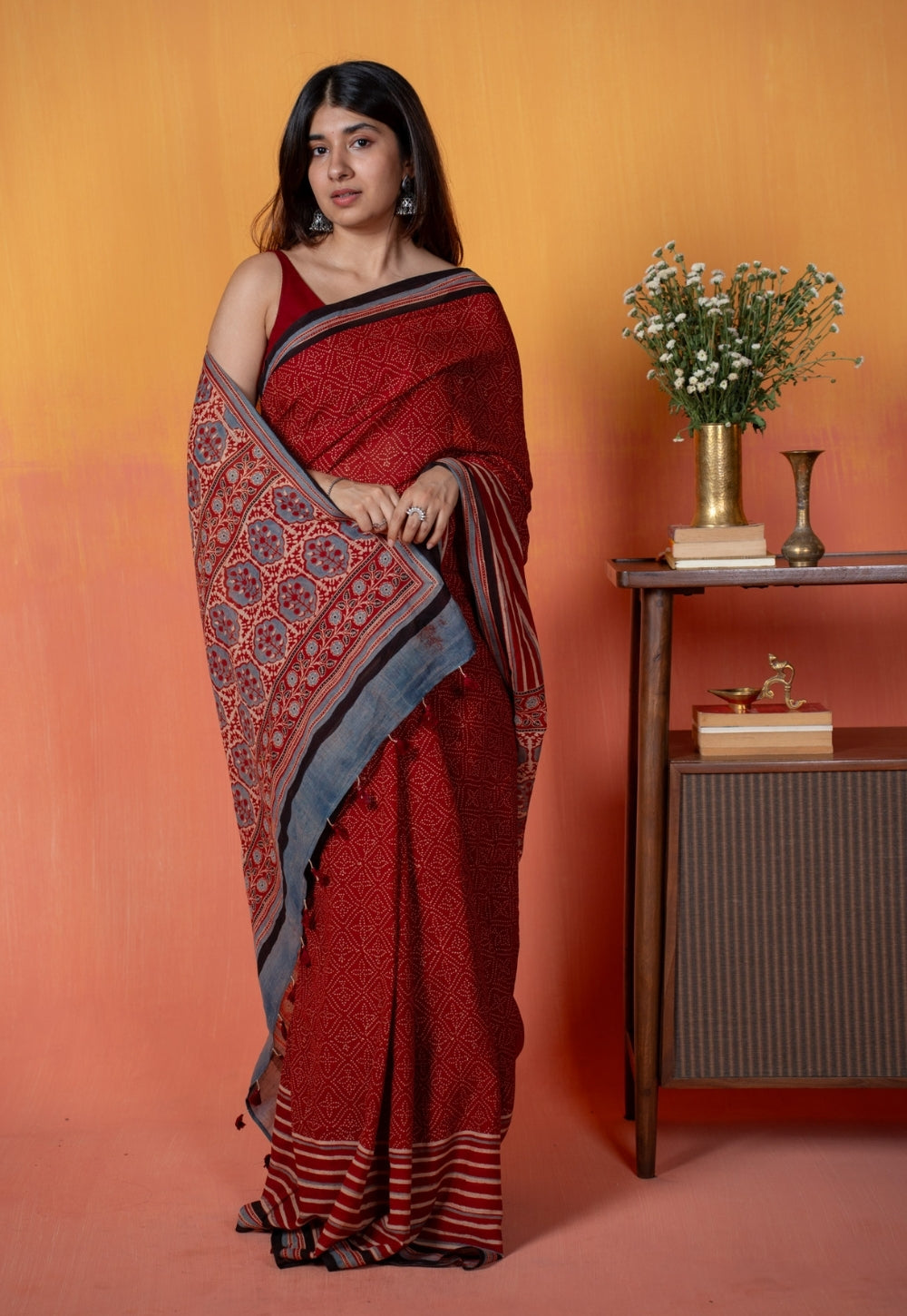 Red Stripe Ajrakh Hand Block Print Mul Saree