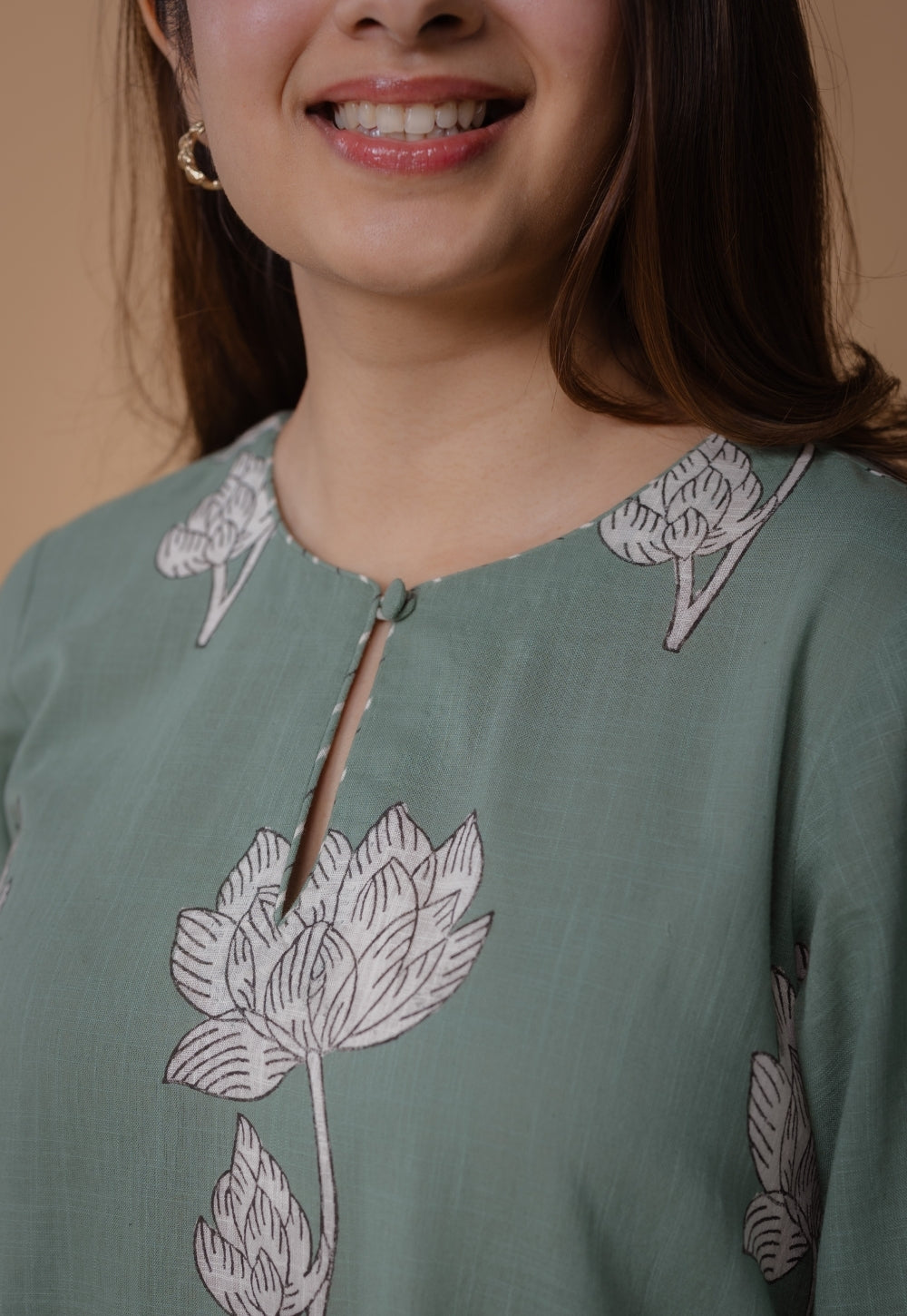 Zoohi Green Dabu Slub Cotton A Line Kurta