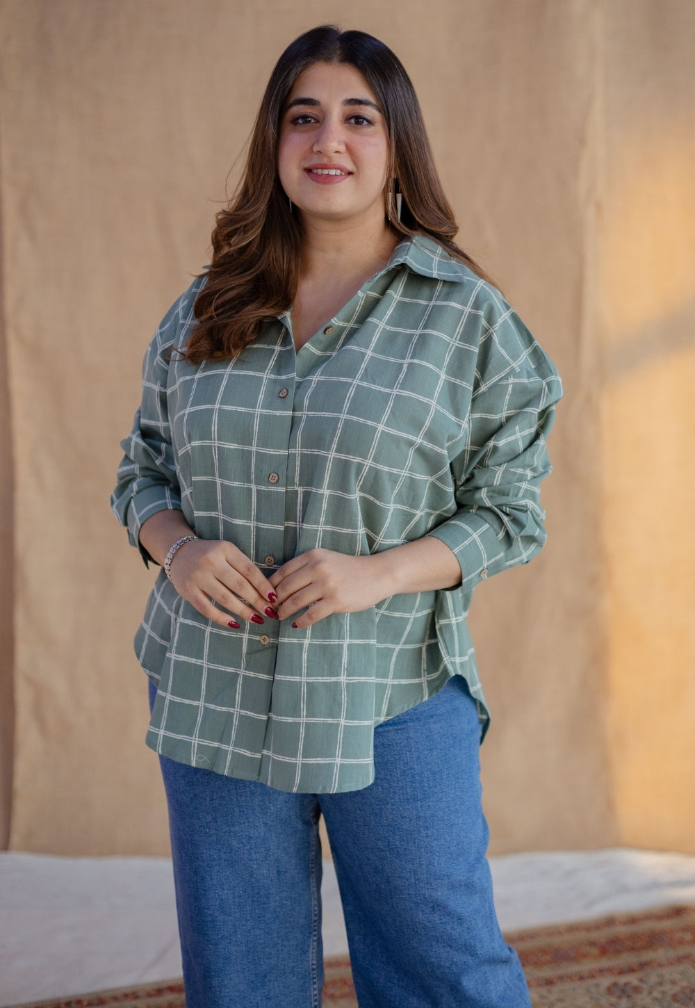 Ruhi Sage Green Dabu Slub Cotton Anti-Fit Shirt