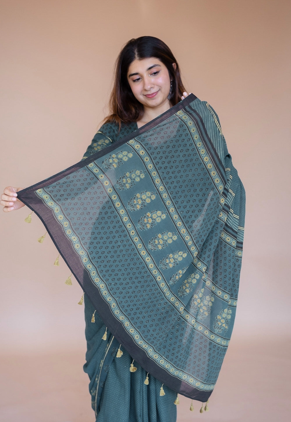 Green Floral Ajrakh Hand Block Print Mul Saree