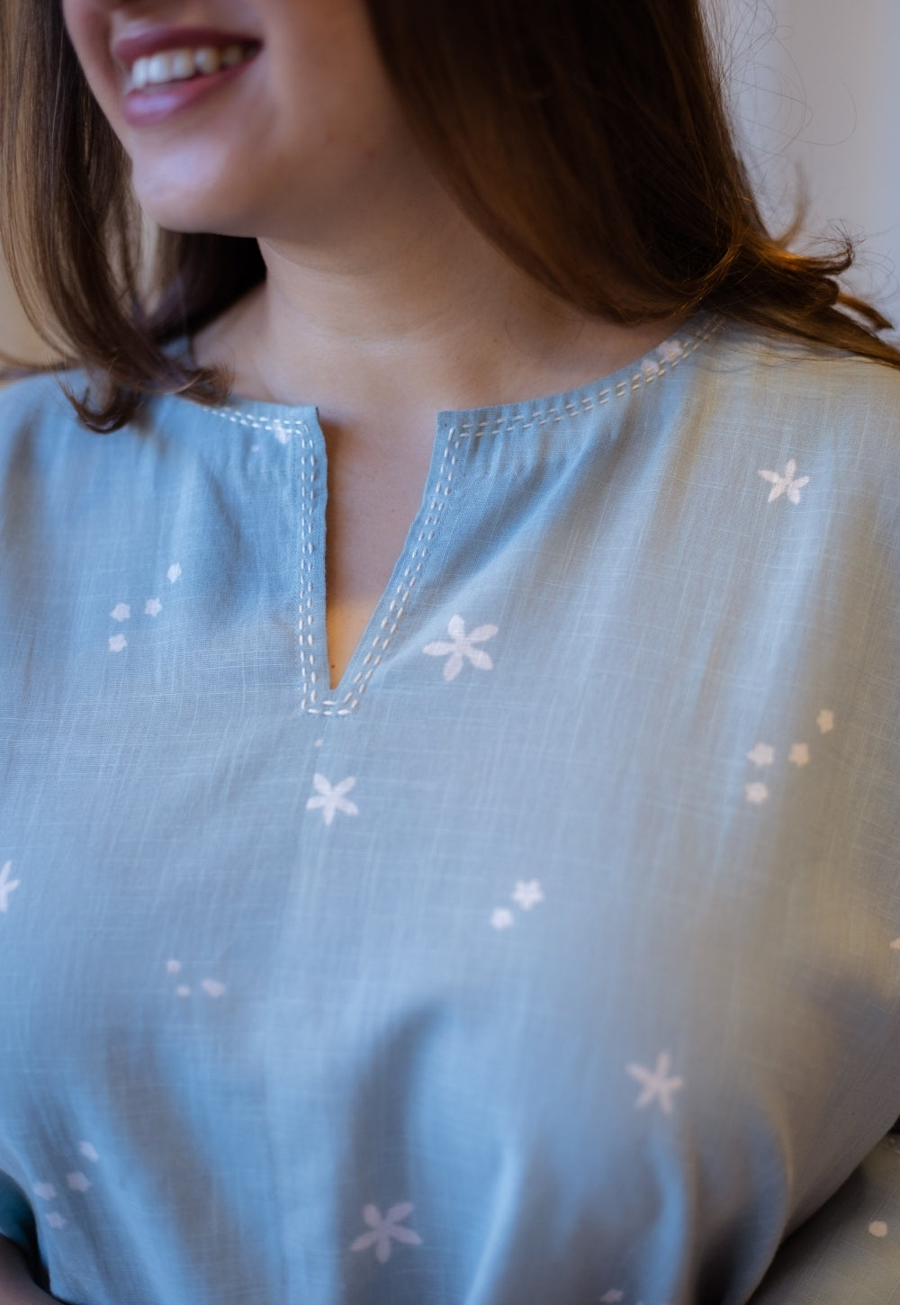Lyla Sky Blue Hand Block Print Slub Cotton Straight Short Top with Hand Embroidery