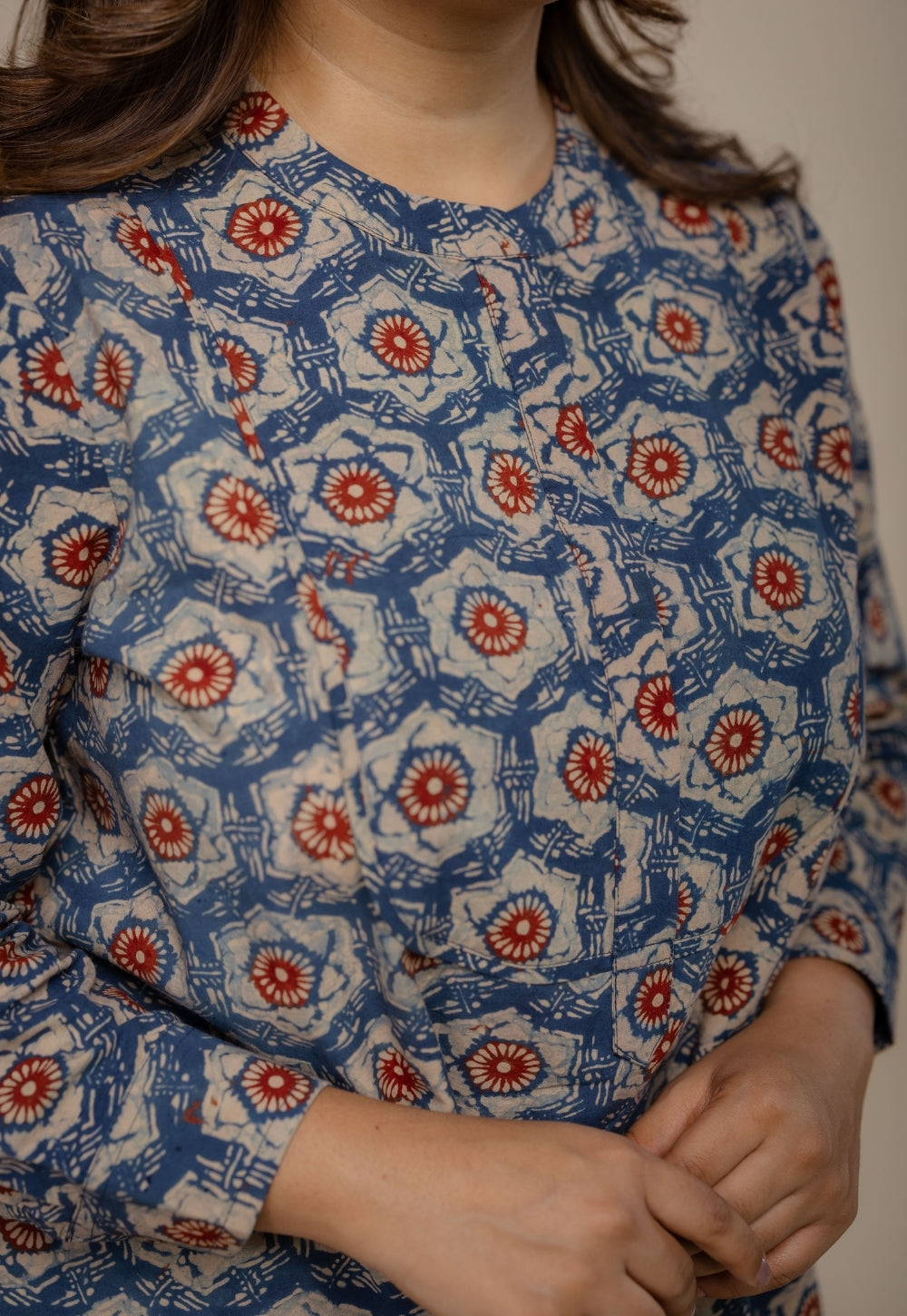 Naaz Blue Ajrakh Cotton A Line Short Top