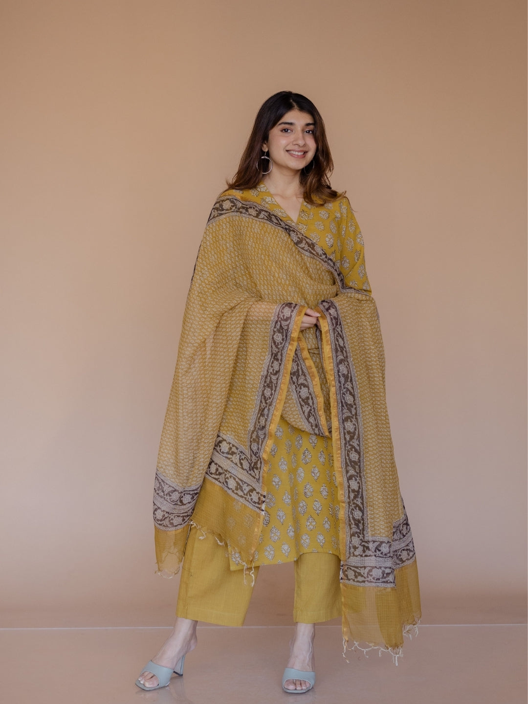 Yashi Yellow Solid Slub Cotton Straight Pant