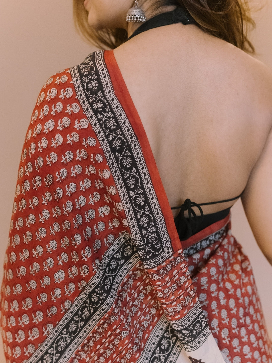 Red Butti Bagru Hand Block Print Modal Saree
